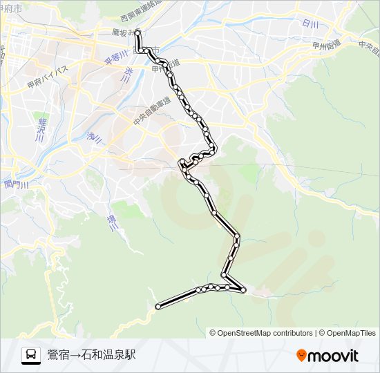 鶯宿発　石和温泉駅方面行き バスの路線図