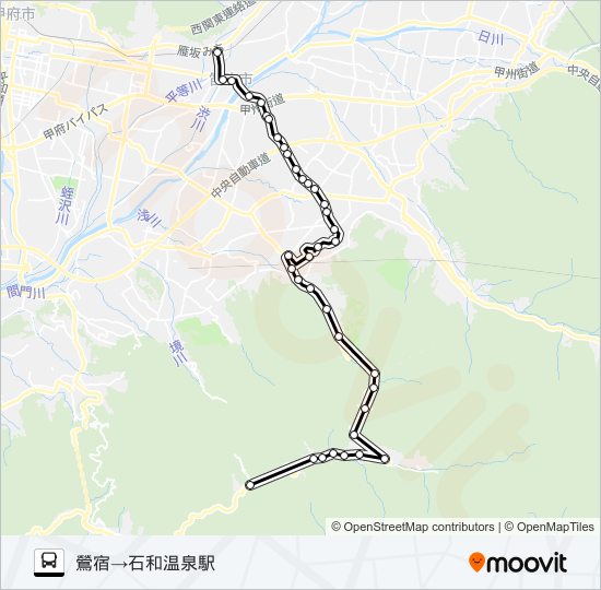 鶯宿発　石和温泉駅方面行き バスの路線図