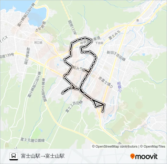 富士吉田市内循環　熊穴･新倉循環　右回り Bus Line Map