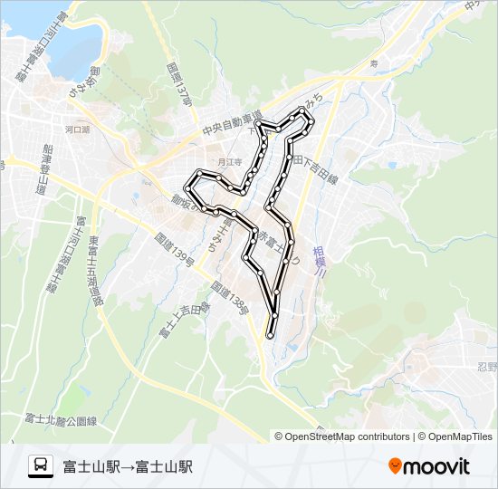 富士吉田市内循環　中央循環　左回り バスの路線図