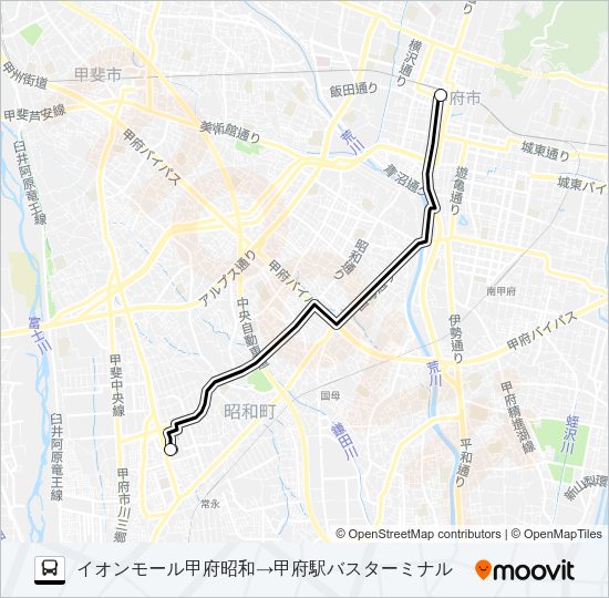 イオンモール甲府昭和発  甲府駅バスターミナル方面行き バスの路線図