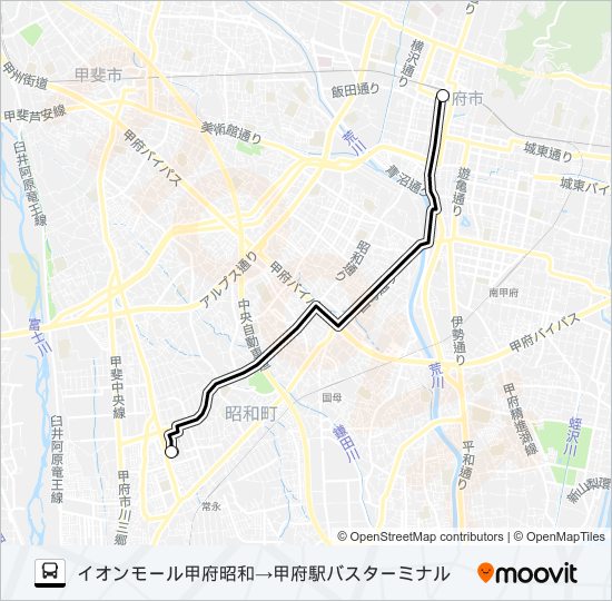 イオンモール甲府昭和発  甲府駅バスターミナル方面行き バスの路線図