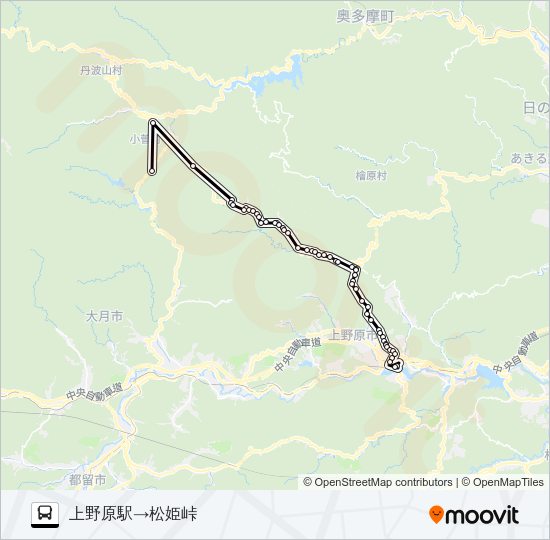 上野原駅発　松姫峠方面行き バスの路線図