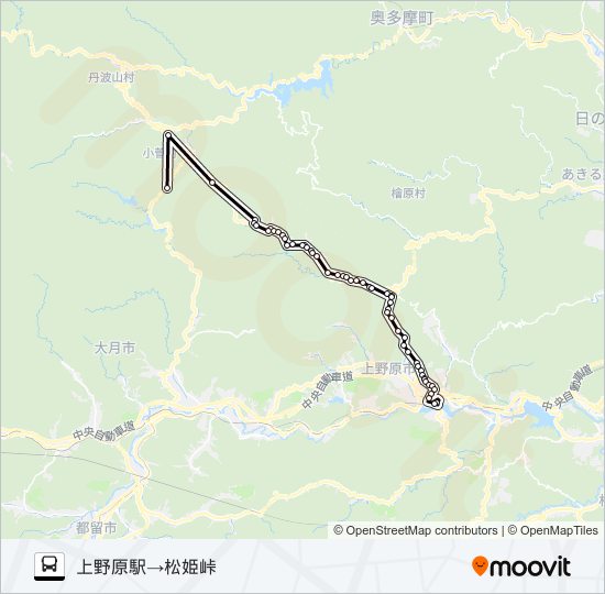 上野原駅発　松姫峠方面行き バスの路線図
