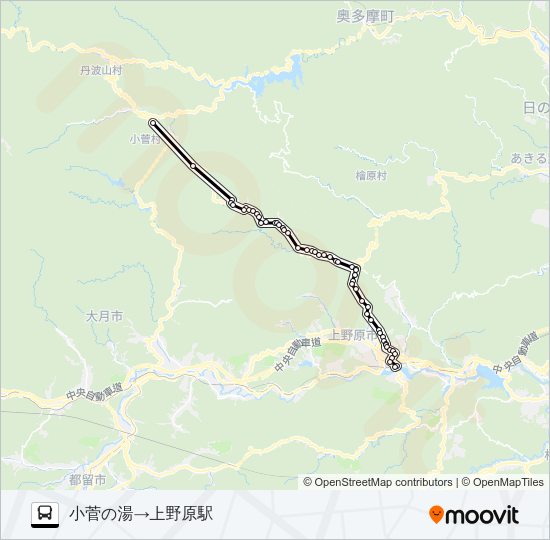 小菅の湯発　上野原駅方面行き バスの路線図