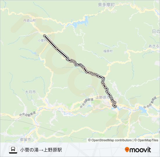 小菅の湯発　上野原駅方面行き バスの路線図