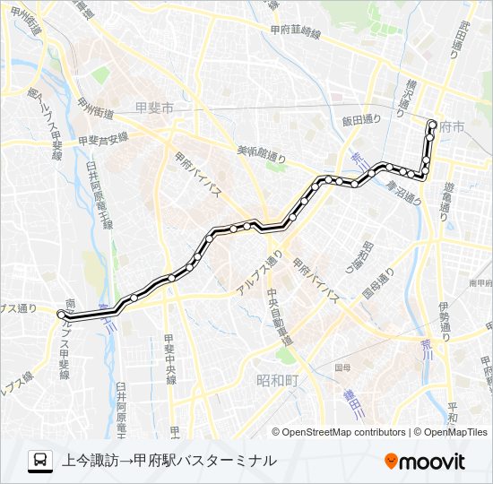 48:（廃軌道経由）甲府駅 行き バスの路線図