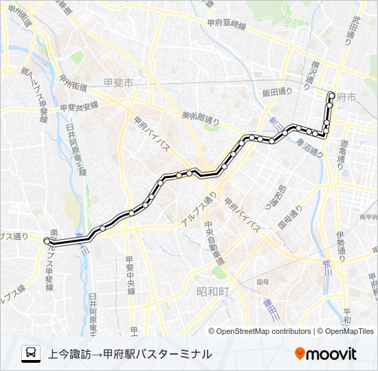 48:（廃軌道経由）甲府駅 行き バスの路線図