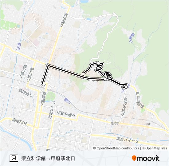 99:県立科学館発  甲府駅北口方面行き バスの路線図