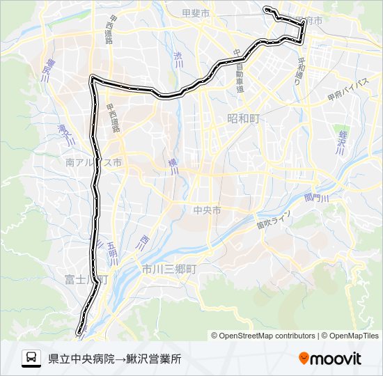 47:県立中央病院発  鰍沢営業所方面行き バスの路線図