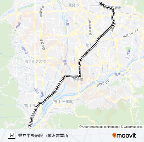 53:県立中央病院発  鰍沢営業所方面行き バスの路線図
