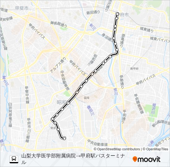 56:山梨大学医学部付属病院発 甲府駅行き バスの路線図