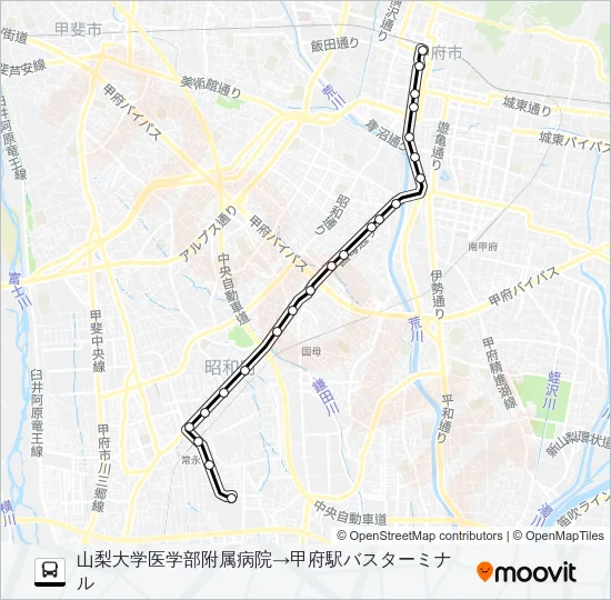 56:山梨大学医学部付属病院発 甲府駅行き Bus Line Map