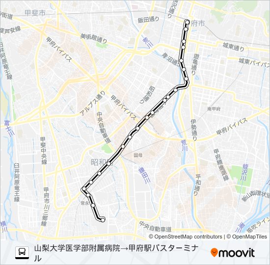 56:山梨大学医学部付属病院発 甲府駅行き bus Line Map