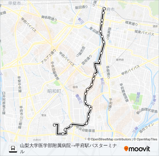 57:山梨大学医学部付属病院発 甲府駅行き bus Line Map