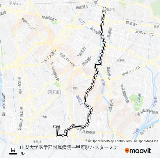 57:山梨大学医学部付属病院発 甲府駅行き Bus Line Map