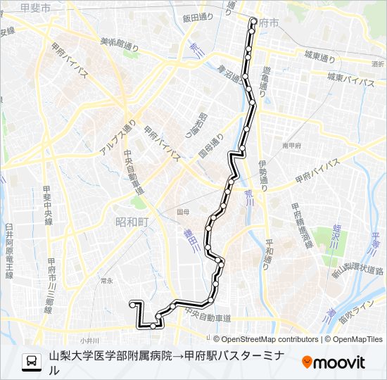 57:山梨大学医学部付属病院発 甲府駅行き bus Line Map
