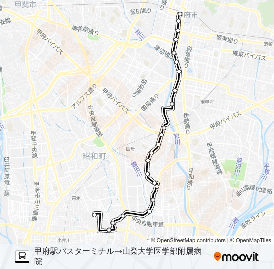 57:甲府駅発 山梨大学医学部付属病院行き バスの路線図