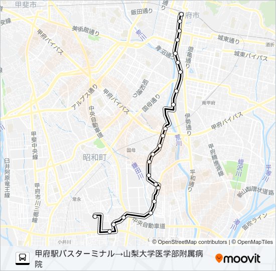 57:甲府駅発 山梨大学医学部付属病院行き バスの路線図