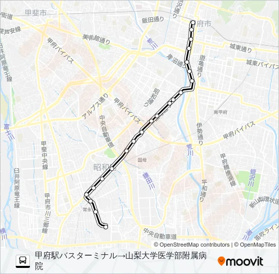56:甲府駅 発 山梨大学医学部付属病院行き Bus Line Map