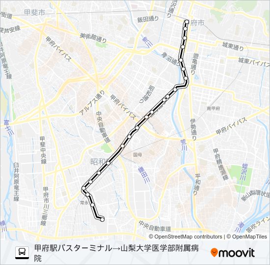 56:甲府駅 発 山梨大学医学部付属病院行き バスの路線図