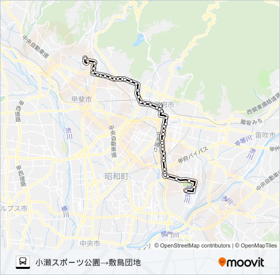 70:小瀬スポーツ公園発  敷島団地方面行き バスの路線図