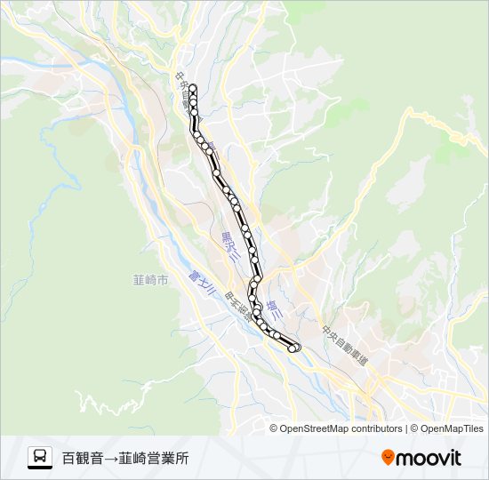 増富温泉郷線:百観音  発 韮崎営業所 行き バスの路線図
