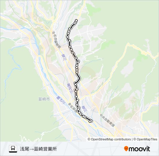 浅尾・仁田平線:浅尾  発 韮崎営業所 行き バスの路線図