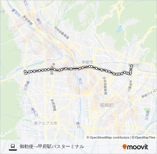 39:御勅使発  甲府駅バスターミナル方面行き Bus Line Map