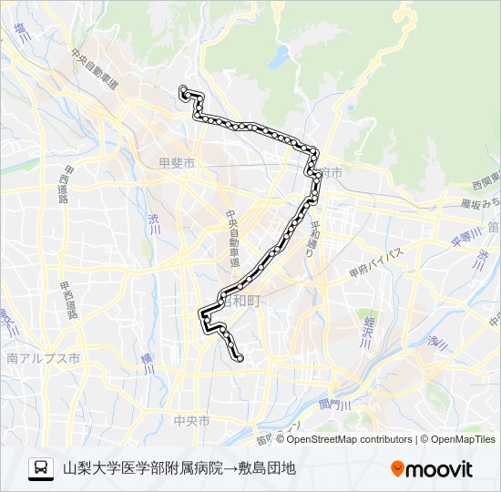 58:山梨大学医学部附属病院 発 敷島団地 行き バスの路線図