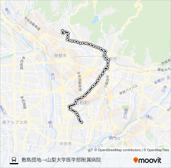 58:敷島団地発 山梨大学医学部附属病院方面行き バスの路線図