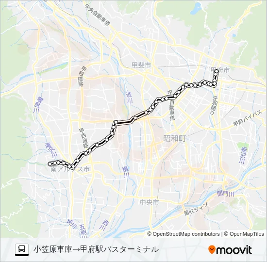 46:小笠原車庫発  甲府駅バスターミナル方面行き Bus Line Map