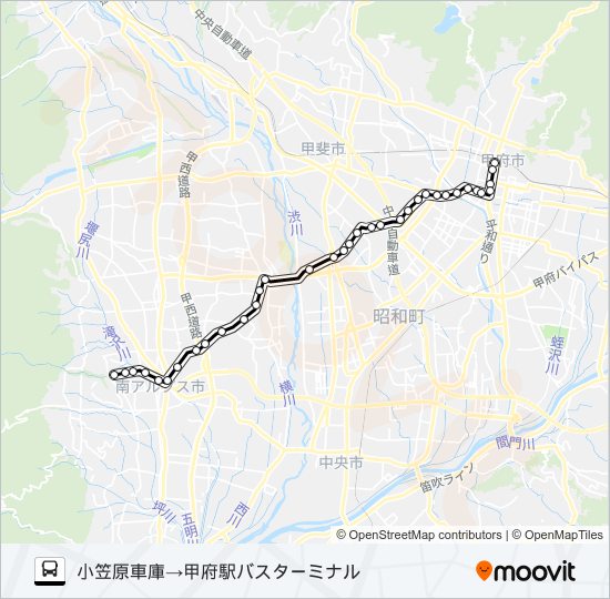 46:小笠原車庫発  甲府駅バスターミナル方面行き バスの路線図