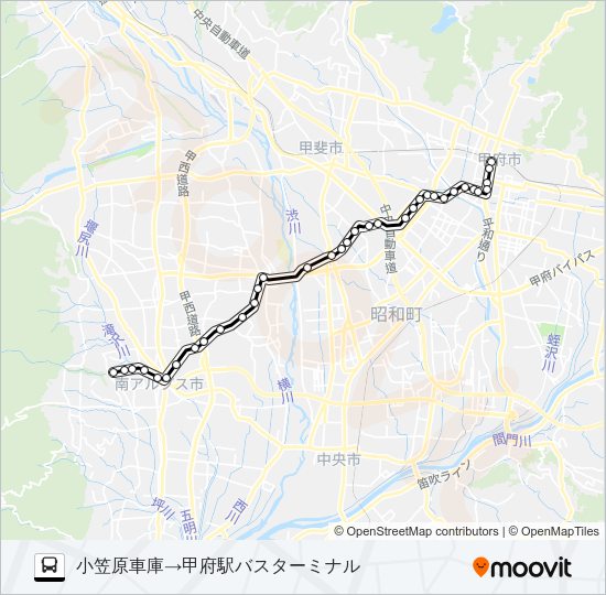 46:小笠原車庫発 （十五所・廃軌道）甲府駅 行き Bus Line Map