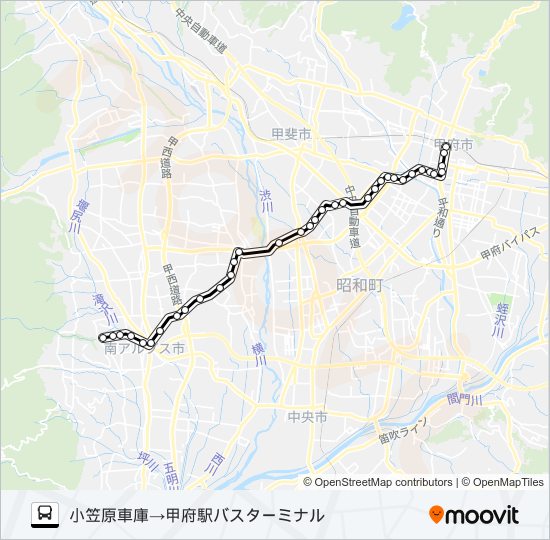 46:小笠原車庫発 （十五所・廃軌道）甲府駅 行き bus Line Map