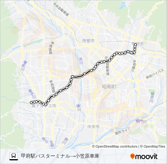 46:甲府駅バスターミナル発  小笠原車庫方面行き Bus Line Map
