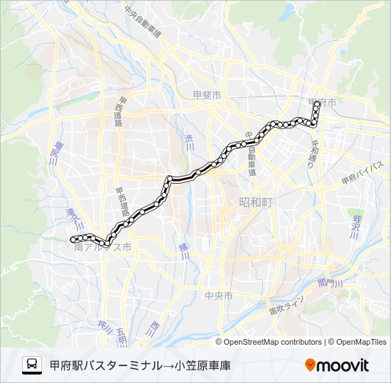 46:甲府駅バスターミナル発  小笠原車庫方面行き bus Line Map