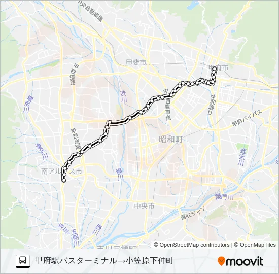 49:甲府駅バスターミナル発  小笠原下仲町方面行き Bus Line Map