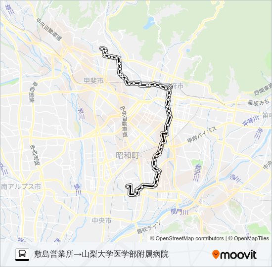 57:敷島営業所発  山梨大学医学部附属病院方面行き バスの路線図