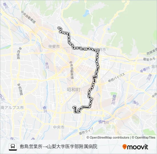 57:敷島営業所発  山梨大学医学部附属病院方面行き バスの路線図