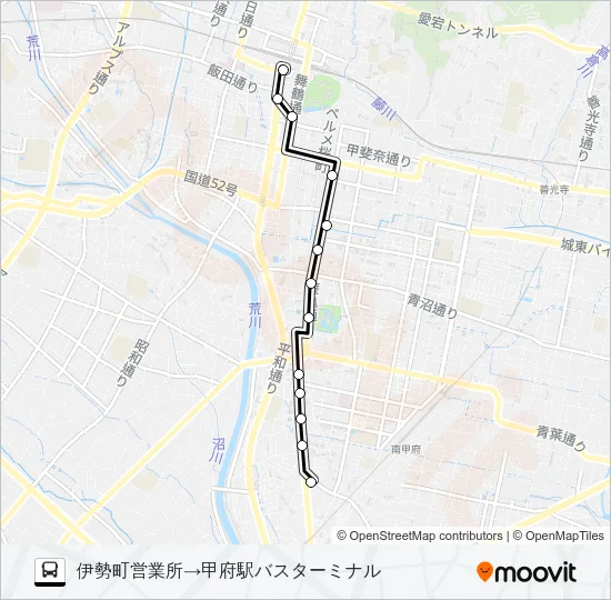 64:伊勢町営業所発  甲府駅バスターミナル方面行き Bus Line Map