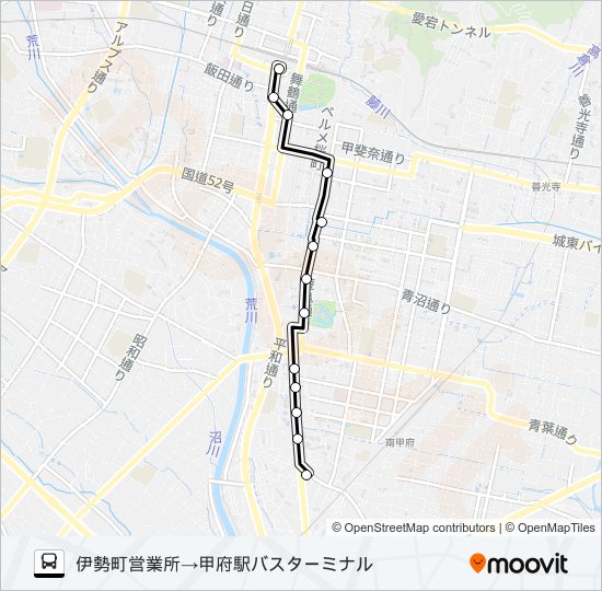 64:伊勢町営業所発  甲府駅バスターミナル方面行き バスの路線図