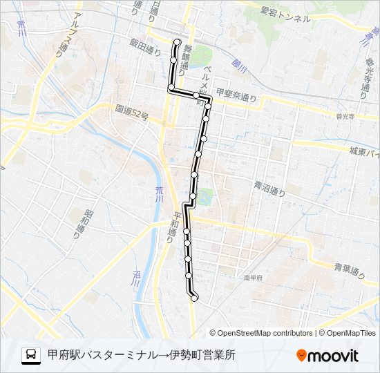 64:甲府駅バスターミナル発  伊勢町営業所方面行き バスの路線図