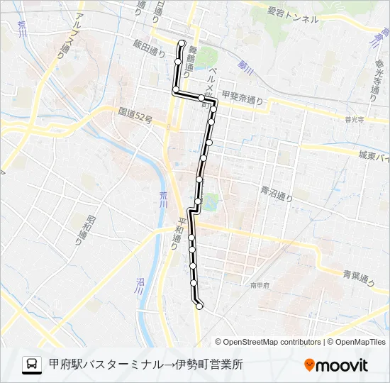 64:甲府駅バスターミナル発  伊勢町営業所方面行き Bus Line Map
