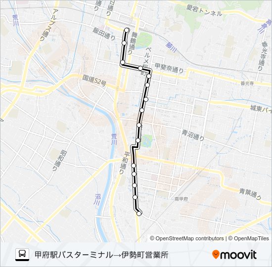 64:甲府駅バスターミナル発  伊勢町営業所方面行き バスの路線図