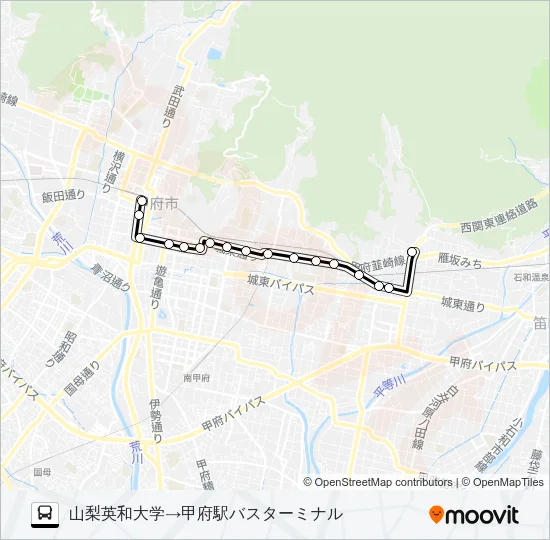 91:山梨英和大学発  甲府駅バスターミナル方面行き Bus Line Map