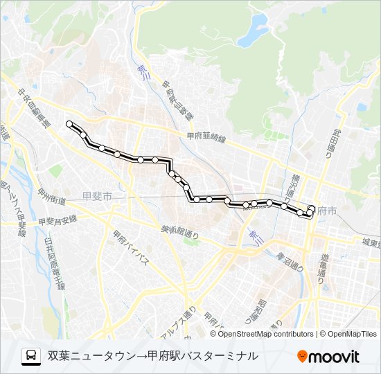 25:双葉ニュータウン発  甲府駅バスターミナル方面行き バスの路線図