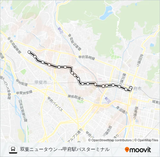 25:双葉ニュータウン発  甲府駅バスターミナル方面行き Bus Line Map