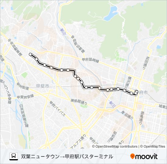 25:双葉ニュータウン発  甲府駅バスターミナル方面行き bus Line Map