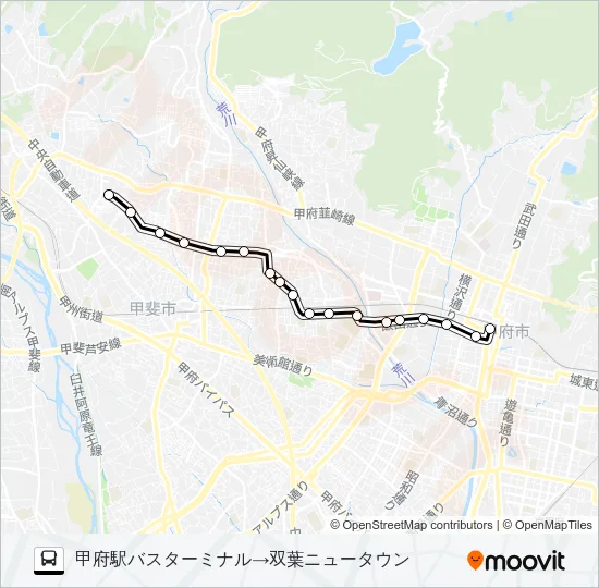 25:甲府駅バスターミナル発  双葉ニュータウン方面行き Bus Line Map